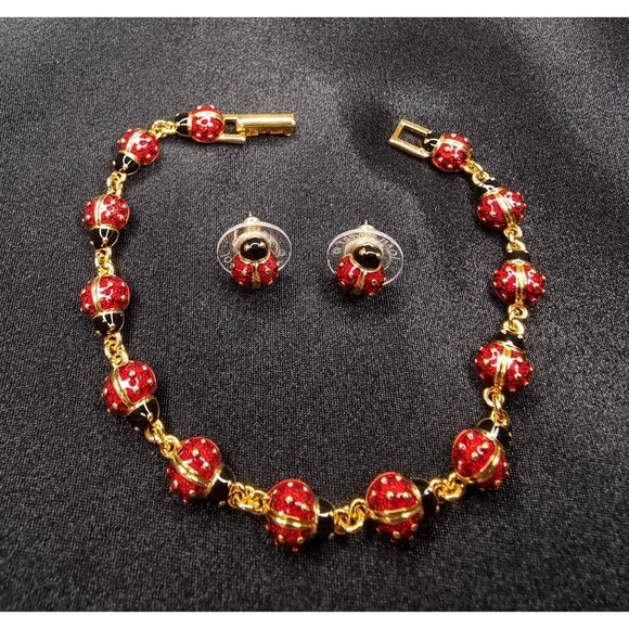 Vintage Joan Rivers Signed Ladybug Bracelet & Earrings Set Classic - Picture 2 of 6